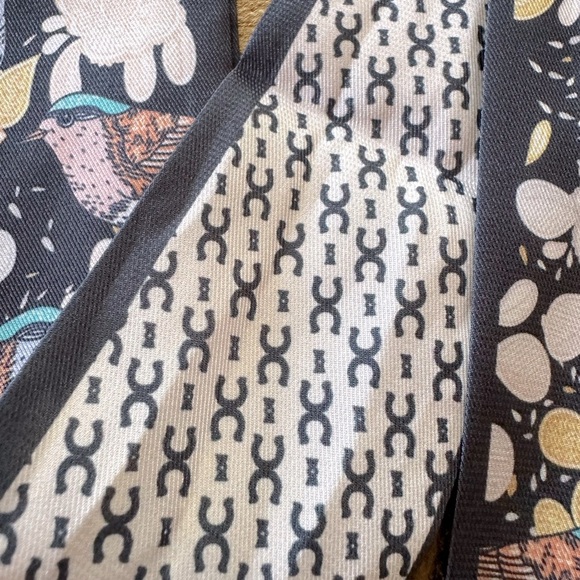 Reversible Navy & Cream Bird & Flower Print Twilly Narrow Tie Scarf - Picture 4 of 4